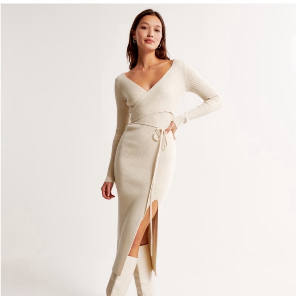 Abercrombie Long-Sleeve Wrap Midi Sweater Dress White Bridal XS petite